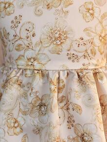 SHEIN Đầm thanh lịch tay phồng họa tiết hoa jacquard trang trí nơ cho bé gái - Rượu sâm banh - Xem 10