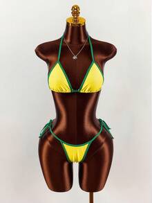 Amplova 3pcs Women's Swimsuit Set, Yellow-Green Contrast Brazilian Pattern Print, Including Camisole Top, Suitable For Party, Date, Vacation - Multicolor - View 3