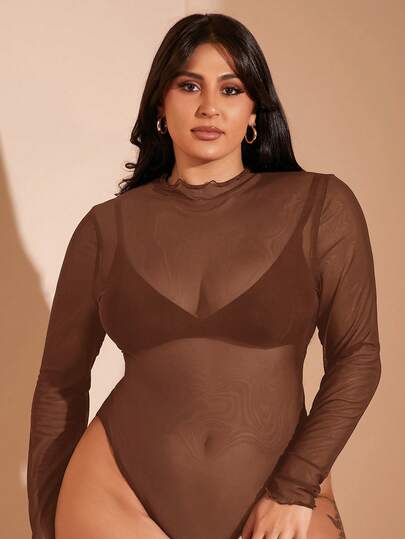 SHEIN BAE Plus Size Women Black Mesh See-Through Bodysuit Body Suits For Women One Piece Body Suit Black Bodysuit Body Stocking Plus Size Body Con Curve Bodysuits Concert Bodysuit Christmas Outfit Women Casual And Tight Body Suit Sxy Bodysuit Plus Long Sleeve Body Suit Turtle Neck Bodysuit Plus Sheer Body Suit Office Wear Women