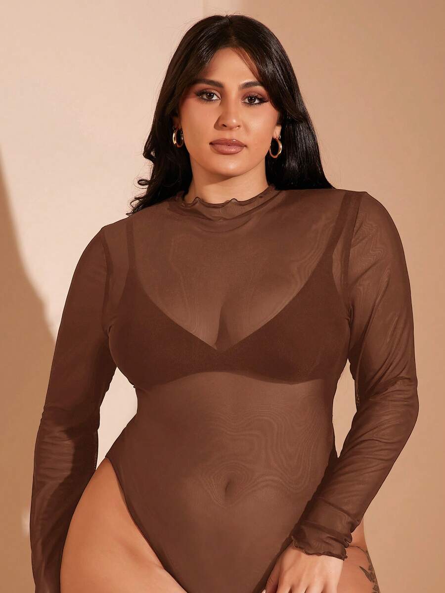 SHEIN BAE Áo liền thân lưới đen xuyên thấu cỡ lớn dành cho nữ, áo liền thân một mảnh màu đen, áo liền thân ôm sát cơ thể cỡ lớn, áo liền thân biểu diễn, trang phục Giáng sinh, áo liền thân bó sát thường ngày cho nữ, áo liền thân gợi cảm, áo liền thân tay dài cỡ lớn, áo liền thân cổ lọ, áo liền thân xuyên thấu cỡ lớn, trang phục công sở cho nữ. - màu nâu - Xem 1