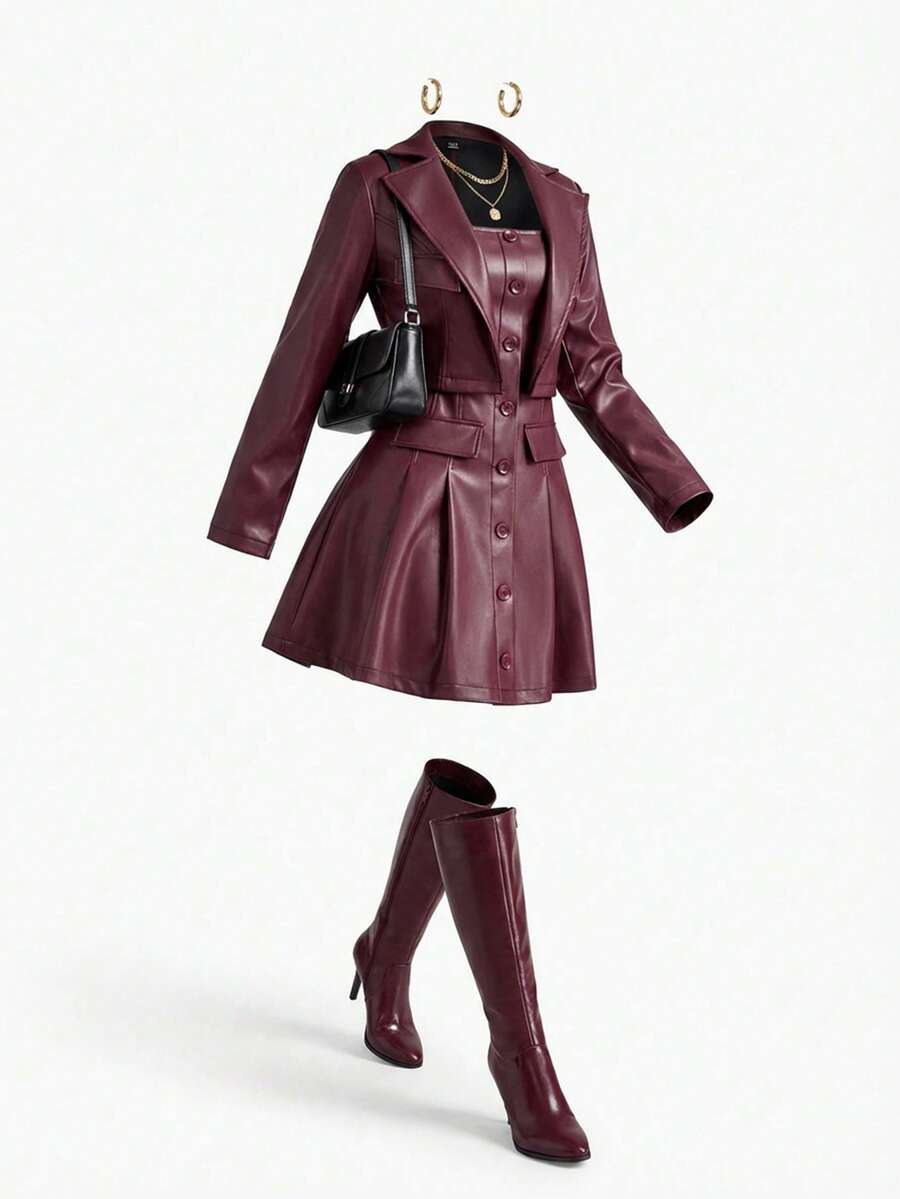 SHEIN MOD Plus Size Women's Fashion Winter Set, Street Style Solid Color PU Leather Lapel Collar Flap Detail Cropped Jacket And Single-Breasted Tube Dress Set,Burgundy Leather Suit,Burgundy Suit,Chic Women's Set ,Valentine Clothes,Wedding Clothes,Y2k Women Clothes Burgundy Outfit Women Leather Outfits For Women Winery Outfit Women,Spring Outfit Women Womens Fall Clothes Leather Set Luxury Clothes For Women