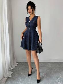 Elenzga 新款女士V领无袖针织迷你连衣裙，采用仿口袋翻盖设计，优雅百搭 - 藏蓝色 - 查看 6