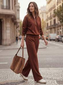 Écloséra Fashionable, Loose-Fitting Ribbed Collar, Center Zipper, Ribbed Cuffs And Hem, Drop Shoulder Sleeves, Sweatshirt With Elastic Waistband, Slanted Pockets, Loose-Fitting Trousers, Thermal Lined Sweatshirt Fabric, Back-To-School Season Sweatshirt Set, Brown Autumn/Winter Women's Two-Piece Set, Women's Suit, Elegant Women's Suit, Women's Winter Wear, Women's Elegant Suit, Casual Outfit For Women, Brown Suit