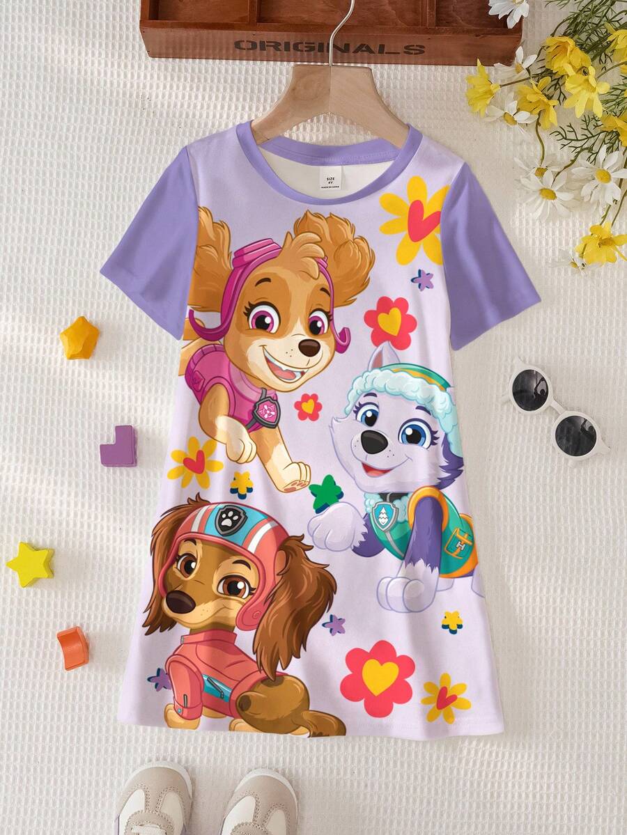 SHEIN | PAW Patrol 女童夏季休闲狗狗印花圆领短袖连衣裙 - 白色 - 查看 1