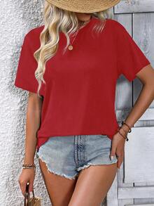 SHEIN Holidaya Women's Solid Color Round Neck Short Sleeve Casual T-Shirt With Back Slit - Red - View 7