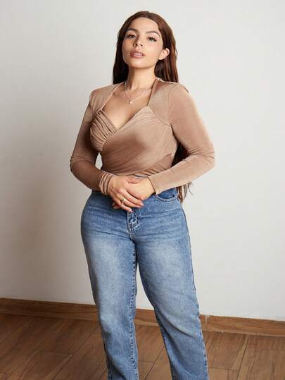 Lupita Cardoza 女士纯色橄榄绿色褶皱不对称交叉长袖修身紧身衣，弹力针织，经典优雅办公休闲装，适合秋冬季分层绿色紧身衣女士紧身衣长袖紧身衣绿色紧身衣