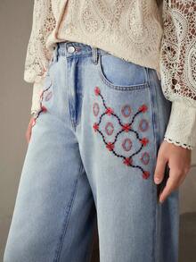 Selenza 女士花卉刺绣口袋阔腿宽松休闲百搭牛仔裤 - 藍色 - 查看 6