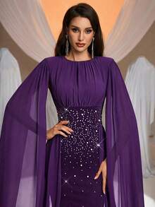 Aureia Elegant Women's Purple Maxi Party Dress With Cloak Sleeves And Rhinestone Detail - Purple - View 3