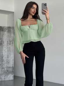Aloruh Ruched Collar Cinched Waist Flared Hem Textured Fabric Long Sleeve Blouse For Women - Green - View 6