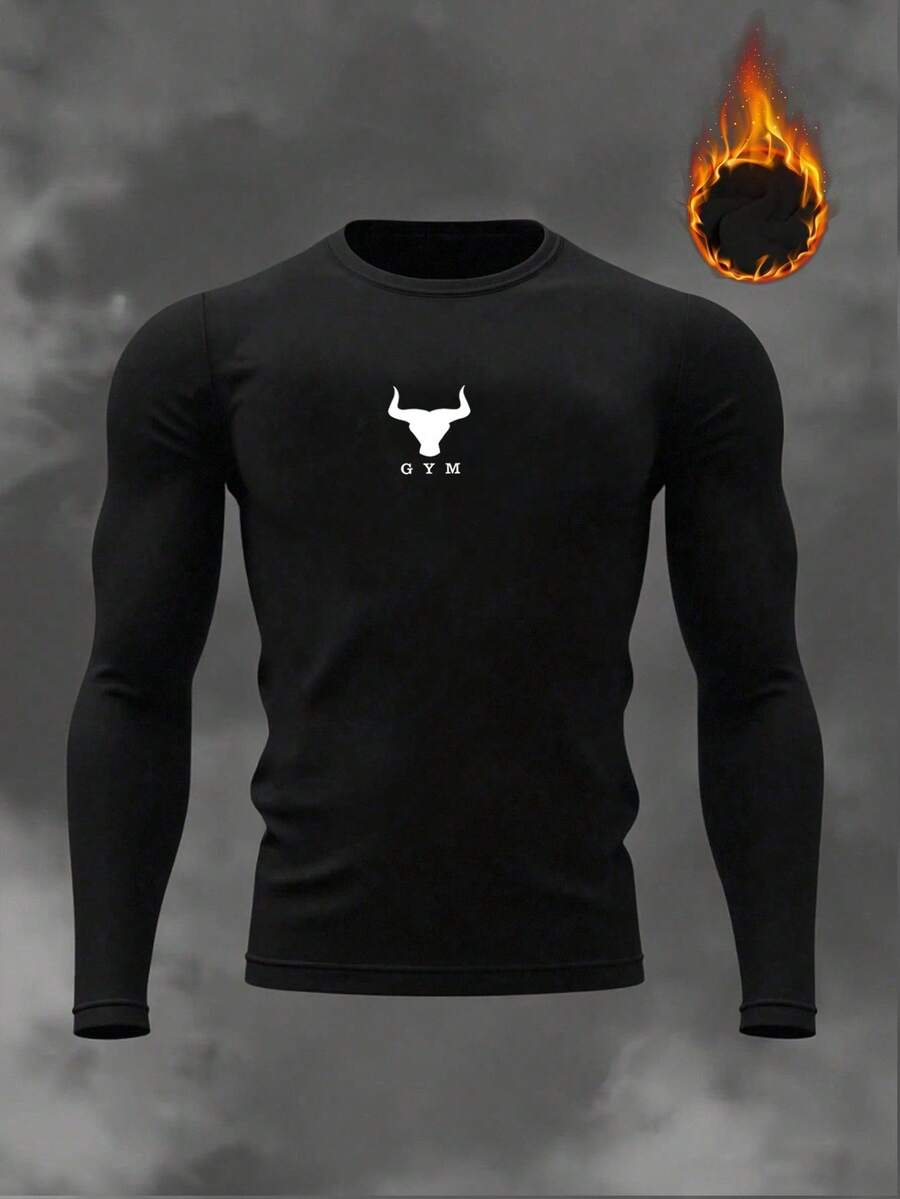 Gym Rark Men's Letter & Bull Head Print Long Sleeve Casual Fitness Workout T-Shirt Compression Shirt Men - Black - View 1