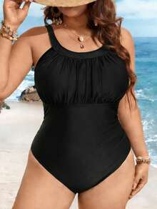 Swim Lushoire Áo tắm liền thân cỡ lớn, vải đen trơn phối lưới, phong cách tối giản và thanh lịch kiểu châu Âu. - màu đen - Xem 5