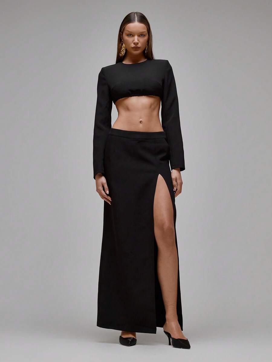 MUSERA 梭织低腰超开衩直筒修身长裙套装（仅下装）适合派对、性感夜生活、优雅场合、情人节、新娘婚礼、订婚、婚宴、夏季 - 黑色 - 查看 1