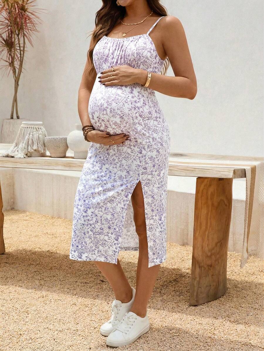 SHEIN 孕妇印花侧开衩无袖度假连衣裙 - 淡紫色 - 查看 1