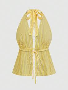 Sweetra 夏季休闲纹理条纹吊带背心和阔腿裤加大码女装两件套 - 彩色 - 查看 12