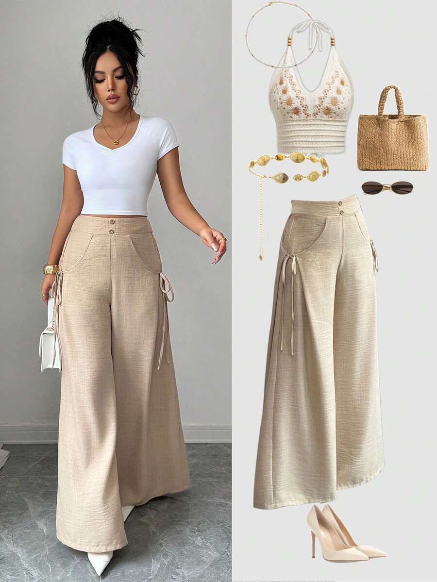 Elenzga Quần nữ ống rộng cạp cao màu trơn thanh lịch, thích hợp mặc vào mùa xuân và mùa hè, lý tưởng cho sinh viên đại học, phù hợp mặc hàng ngày. - Màu Khaki - Xem 1