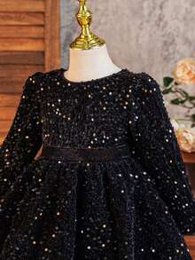 SHEIN Glamorique Kids 女童公主裙，黑色亮片，泡泡长袖，蓬蓬裙，圣诞节女童礼服，派对礼服，舞会礼服，女童公主裙，大蝴蝶结露背，优雅正式礼服 - 黑色 - 查看 4