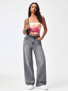 SHEIN Unity Plus Size Y2K Women Loose Fit Straight Leg Jeans, Vintage Washed Gray Casual Cowboy Outfits High Waisted Denim Pants - Grey - View 5