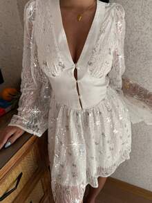 DAZY Sequin Butterfly Lace Waist Cinching V-Neck Women's Nightgown Dress - White - View 1