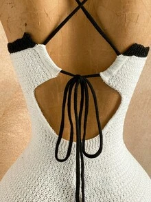 Soleia 女士度假针织纹理连体裤，3D 花卉装饰多层荷叶边下摆迷你连体裤，性感派对约会海滩度假夏季服装，适合度假约会、下午茶、婚礼季节、海滩游轮度假、城市公路旅行度假、波西米亚风度假、音乐节 - 黑與白 - 查看 4