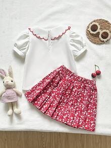 Playful Pals 2pcs Baby Girls Casual Floral Embroidery Puff Sleeve Shirt And Floral Pattern Ruffle Hem Skirt Set, Suitable For Spring/Summer, Vacation, Outing, Party, Daily Wear - Red - View 2