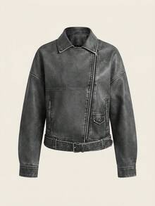 Aveloria Affinna Drop Shoulder Zip Up Belted Moto Jacket  - Grey - View 1