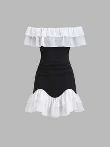 Sweetra Women's Contrast Color Ruffle Off-Shoulder Pleated Dress - Black and White - View 1