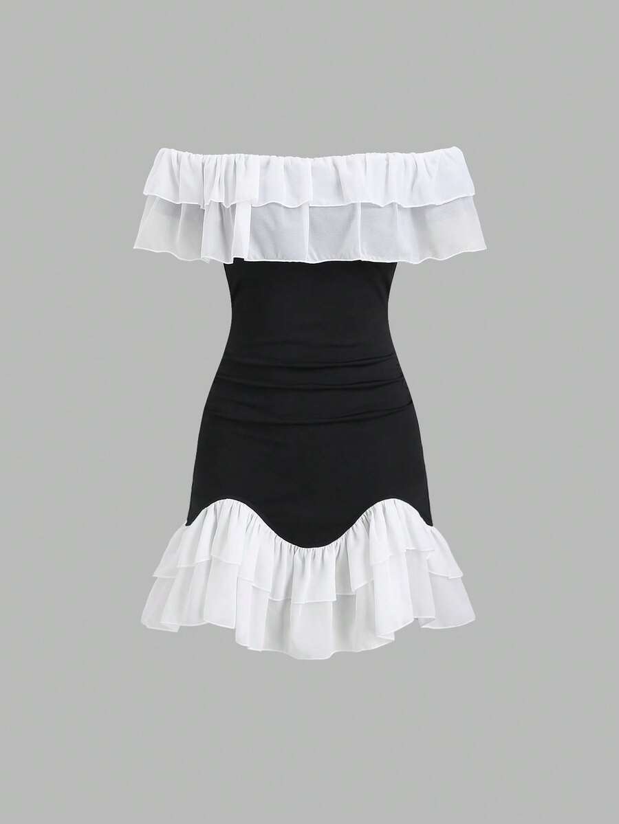 Sweetra Women's Contrast Color Ruffle Off-Shoulder Pleated Dress - Black and White - View 1