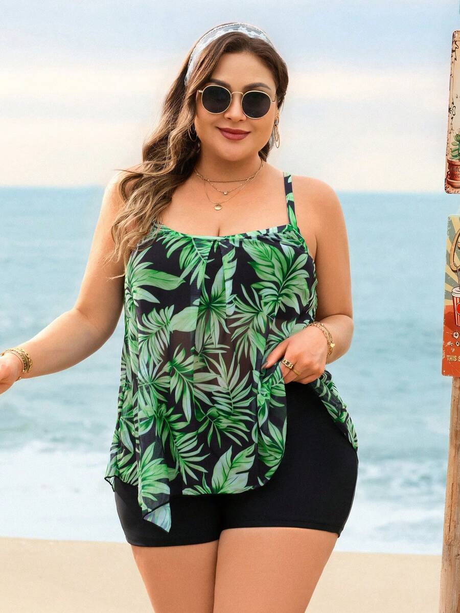 Swim Lushoire 女士热带植物印花吊带加大码泳衣套装，适合海滩度假、春夏穿着 - 彩色 - 查看 1