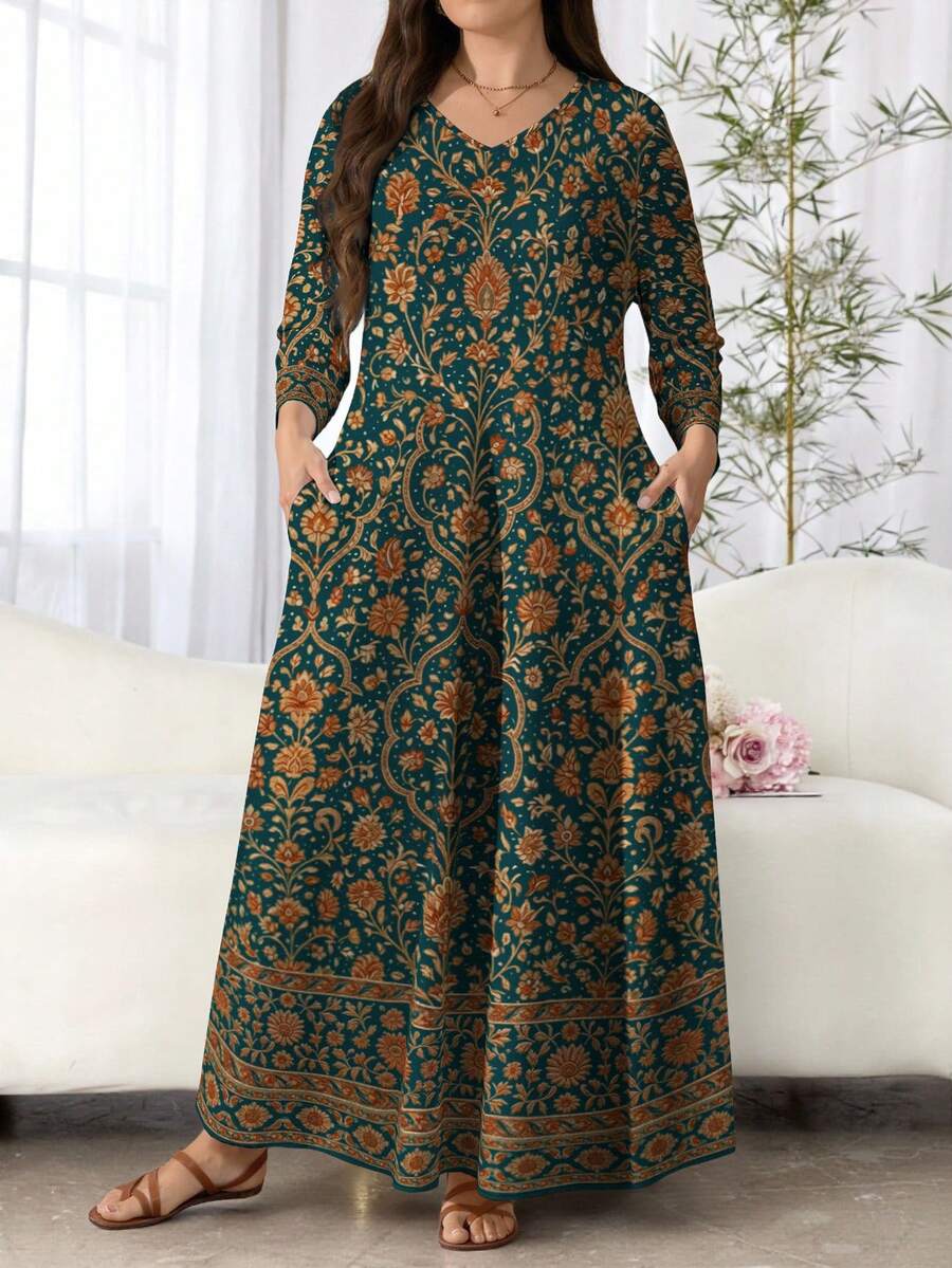 Lacomfia 大码女式波普艺术印花春夏时尚圆领短袖系带袖口口袋喇叭连衣裙 - 彩色 - 查看 1