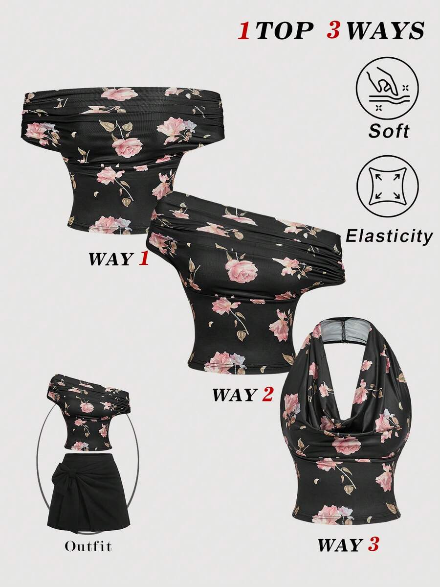 SHEIN MOD 女士百搭黑粉花卉吊带背心，适合工作、派对、休闲、日常穿着、假日、野餐、约会、度假、生日、节日、海滩、情人节、外出、下午茶等场合。 - 黑色 - 查看 1