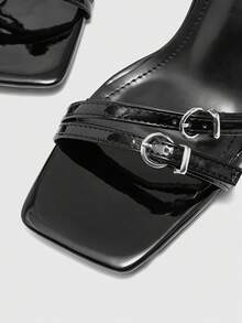 CUCCOO BIZCHIC Sandalias de tacón con punta cuadrada casual y sencilla para mujer - Laca negra - Ver 7