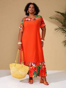 BrightlyHer 大码夏季休闲碎花拼接圆领短袖连衣裙 - 亮橙色 - 查看 6