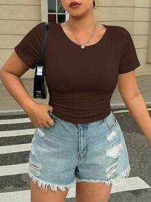 SHEIN EZwear Plus Size Brown Ruched Waist Elastic T-Shirt - Brown - View 7