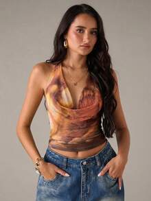 SHEIN BAE 女士扎染印花垂领时尚吊带衫 - 黃色 - 查看 3