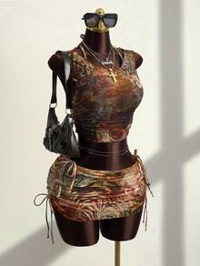 Zestiva Women's Sexy Leopard Print Backless Tie Strap Drawstring 4-Piece Bikini Set, Beach Vacation Earthy Clothes Women Skirt And Top Set Dress Top Earthy Tops Skirt Swimsuit Set - Multicolor - View 3