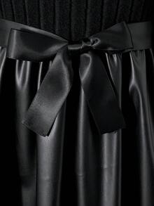 SHEIN ChillGRL MODELY Tween Girl 女童针织拉绒罗纹拼布 PU 皮革下摆连衣裙，串珠袖子和腰带装饰，甜美淑女风格，适合春秋季休闲、派对、度假 - 黑色 - 查看 7