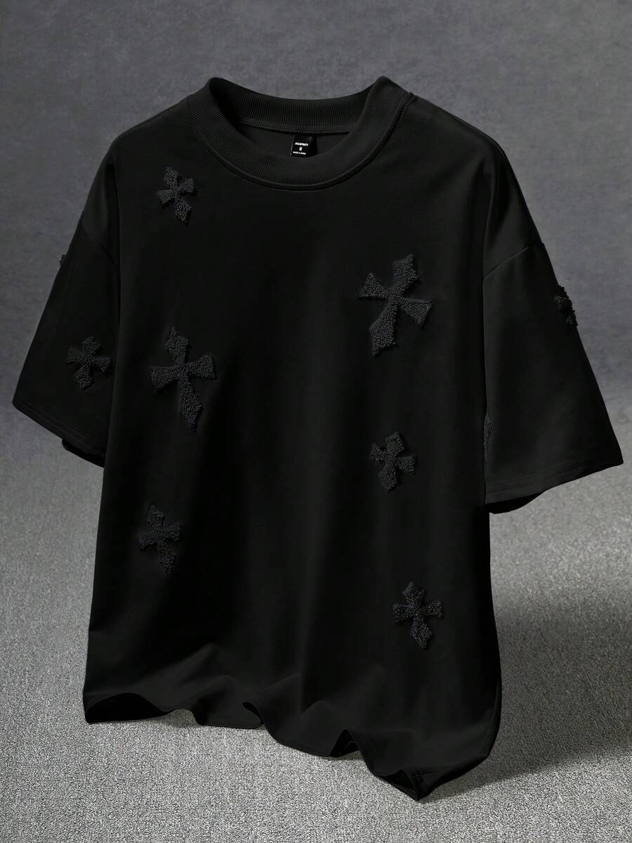 Manfinity EMRG Men's Street-Style Popular INS Matching Cross Full-Print Towel Embroidery, Daily, Boyfriend/Husband Gift, Anniversary Gift, White T-Shirt, 2000s Style