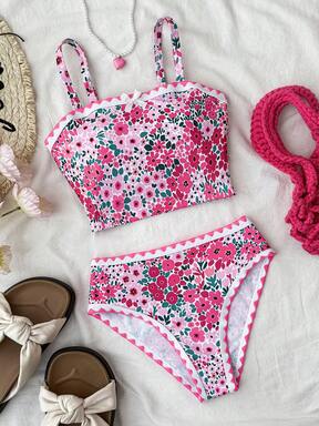 Tween Girls Floral Tankini Swimsuit With Bow & Shell Trim, Suitable For Vacation, Beach, Seaside
