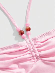 ROMWE Women's All-Match Versatile Halter Neck Beaded Decor Fitted Tank Top - Pink - View 4