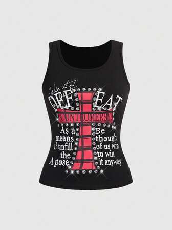 Grunge Punk Top de tirantes para mujer con estampado de cruz y adornos de rhinestone, estilo punk callejero