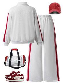 Set 2pcs/Set Sweatshirt Polo Kerah Minimalis Kasual untuk Anak Perempuan, dengan Hiasan Pita Merah di Lengan dan Sisi Celana, Desain Cetak di Bagian Depan, Cocok untuk Sekolah, Jalan-jalan, Berjalan-jalan, Dapat Dipadukan dengan Jaket, Rompi - Grey - View 2
