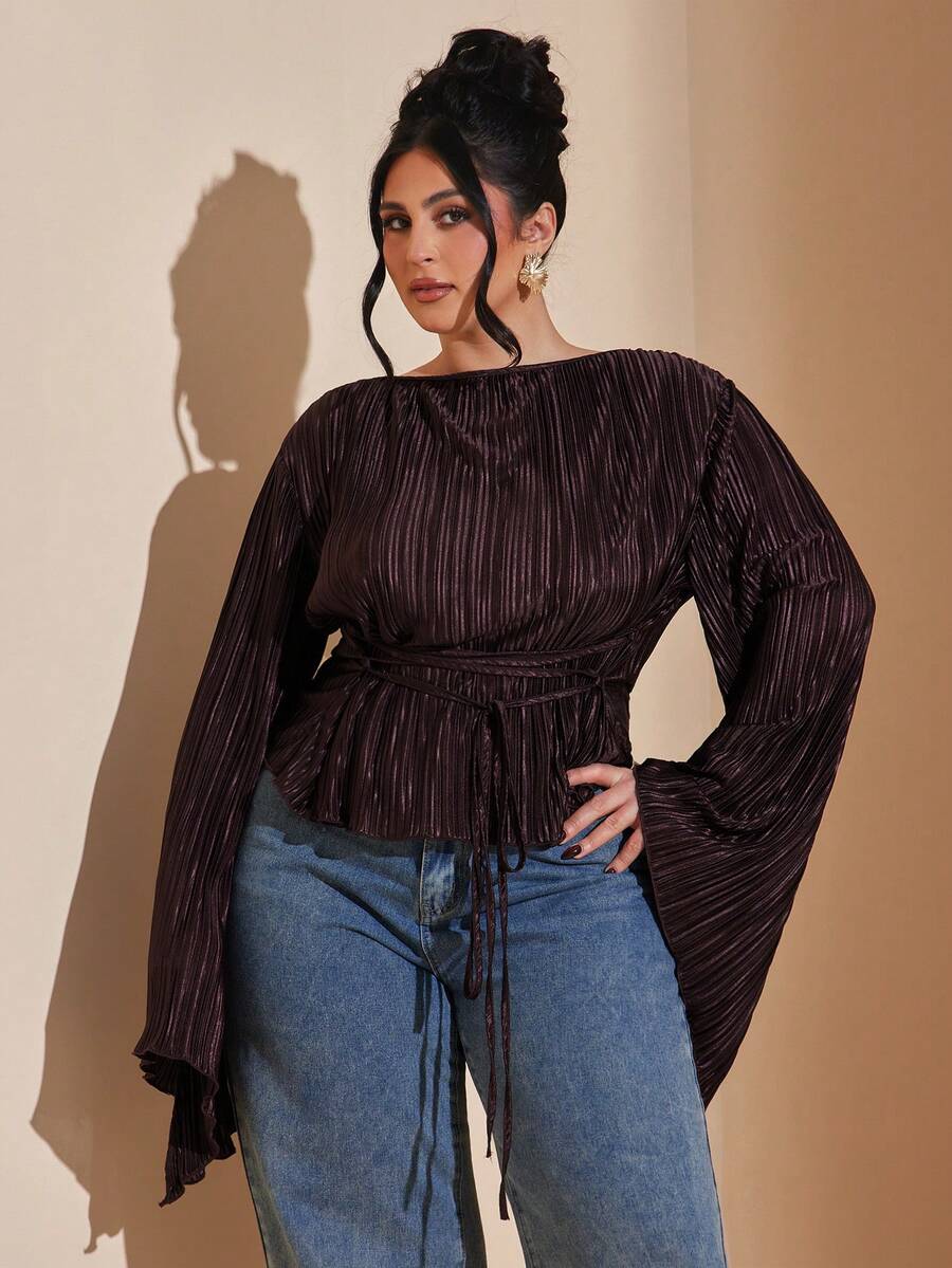 SHEIN BAE Spring/Summer Long-Sleeved Pleated Shirt Set For Dates And Outings - Plus Size - Brown - View 1