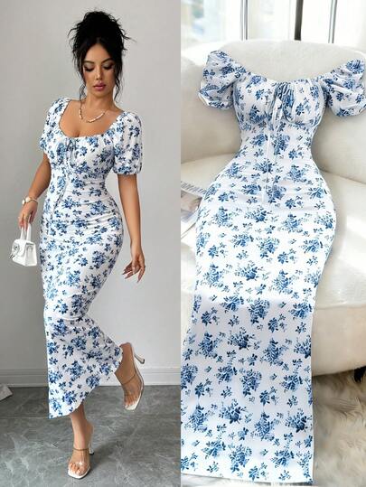 Elenzga Sommar Ny Blå & Vit Snygg Blommig Mode Sexig Elegant Casual Elegant Fyrkantig Halsringning Dragsko Knytning Kortärmad Åtsittande Midja Damklänning