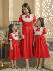 1 pieza Vestido de verano nuevo para niñas con estampado floral rojo, manga corta de globo, cuello de encaje blanco, cintura elástica, largo medio, estilo vintage de princesa - Rojo - Ver 4