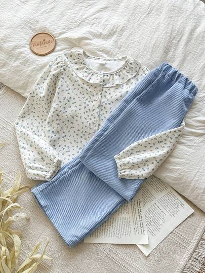 Vintaside Kids مجموعة قميص وبنطلون بأكمام طويلة للبنات، قميص بياقة مستديرة مزين بدانتيل زهري، بنطلون وقميص مجموعة ملابس صيفية للأطفال من القطن الكتاني، ملابس بنات بطراز كلاسيكي جميل، مجموعة قطعتين