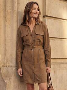 EMERY ROSE Women's Elegent Autumn Shades Of Brown Long Sleeve Shirt Dress,Everyday Solid V-Neck Button Front Cargo Pocket Belted Waist Metal D-Ring Short Dress - Brown - View 5