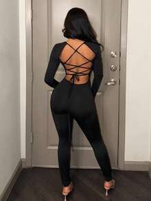 Slaydiva Nouvelle tenue printemps/été pour la Saint-Valentin : style décontracté, simple et basique, inspirée des années 2000, à la mode streetwear, best-seller internet, tenue de soirée à la mode, style sexy et décontracté, style sportif, haut à manches longues et col carré, dos nu avec larges bretelles croisées, pantalon long slim, combinaison moulante pour femme - Noir - Voir 6