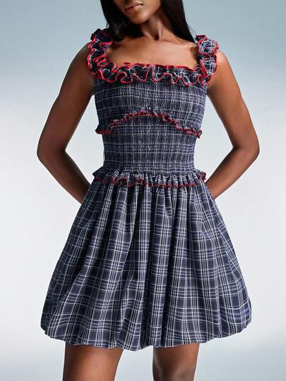 Aveloria Affinna Vintage French/European Style Square Collar Plaid Ruffle Trim Camisole Waist Decor Unique Contrast Color Youthful Bubble Hem Mini Skirt, Sleeveless Camisole Dress