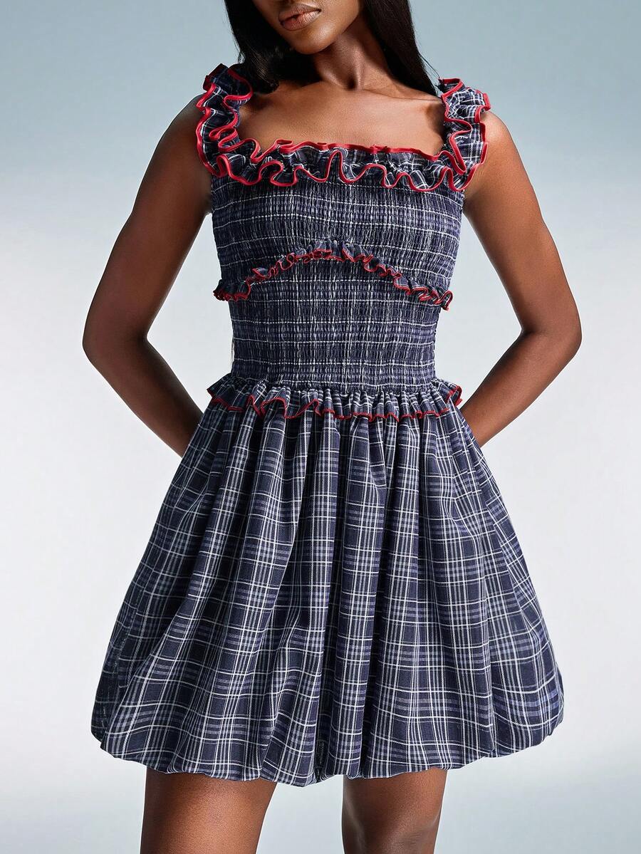 GENKIRA 复古法式/欧式风格方领格纹荷叶边收腰独特撞色青春泡泡下摆迷你无袖连衣裙 - 彩色 - 查看 1