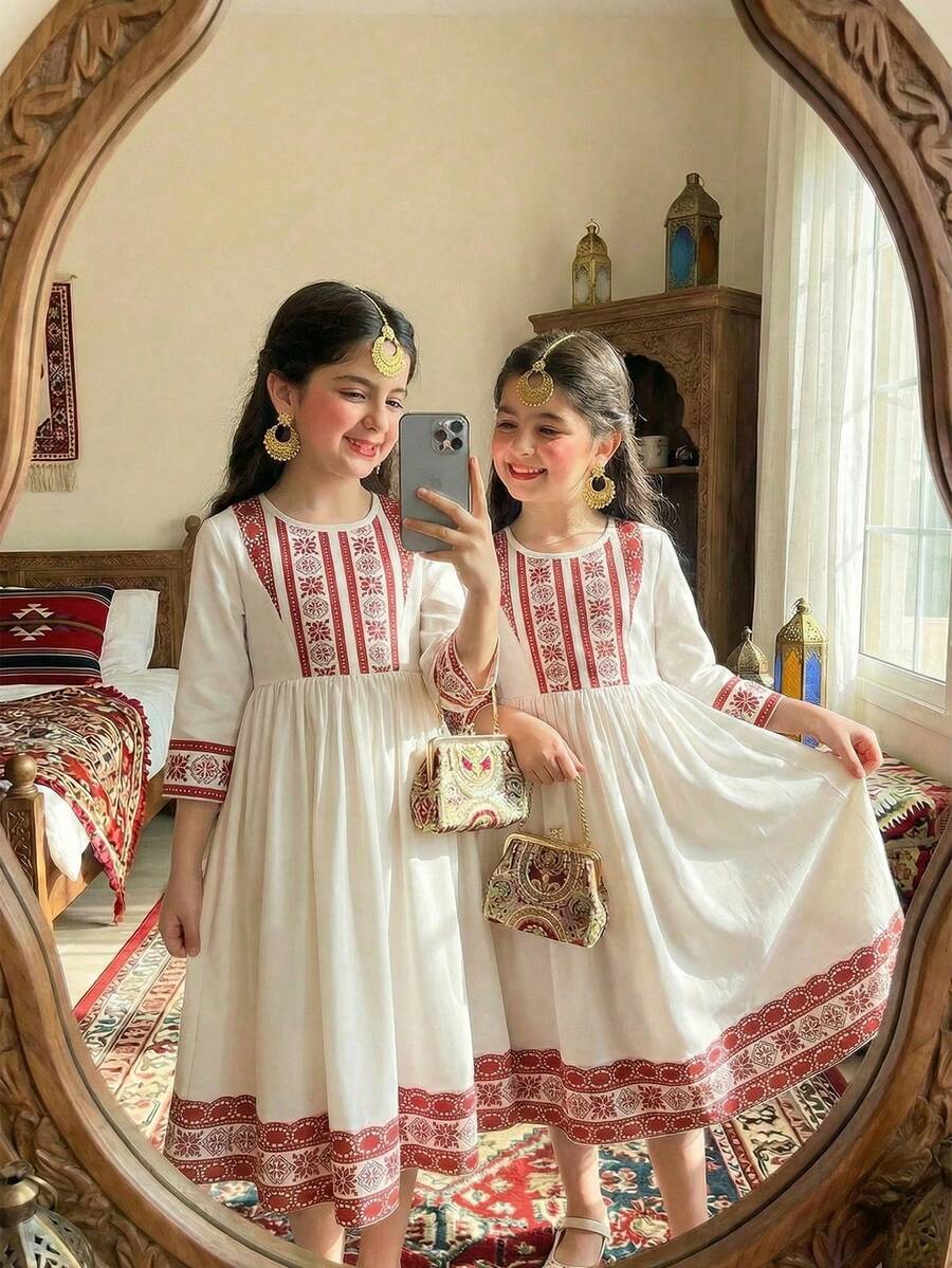 Trang phục truyền thống Ả Rập cho bé gái tuổi teen, váy tay loe in họa tiết hình học cổ điển kiểu Trung Đông, váy dài Ả Rập, áo Abaya tay dài cho bé gái Hồi giáo. - Màu be - Xem 1